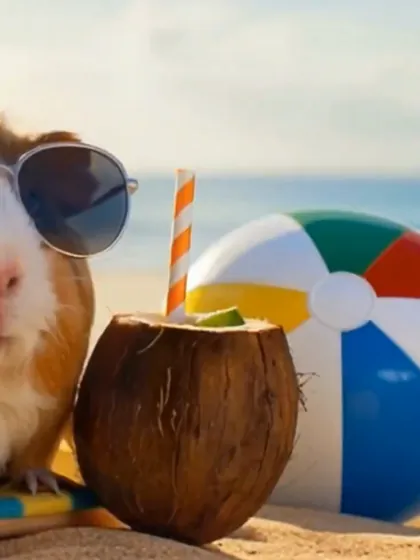 Een kokosdrankje en een strandbal toegevoegd aan een strandscène