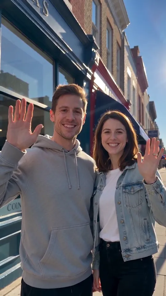 Een zwaaiende man op straat, voor en nadat Pikadditions een vrouw naast hem toevoegt