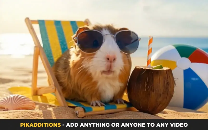 Een kokosdrankje en een strandbal toegevoegd naast een cavia op het strand