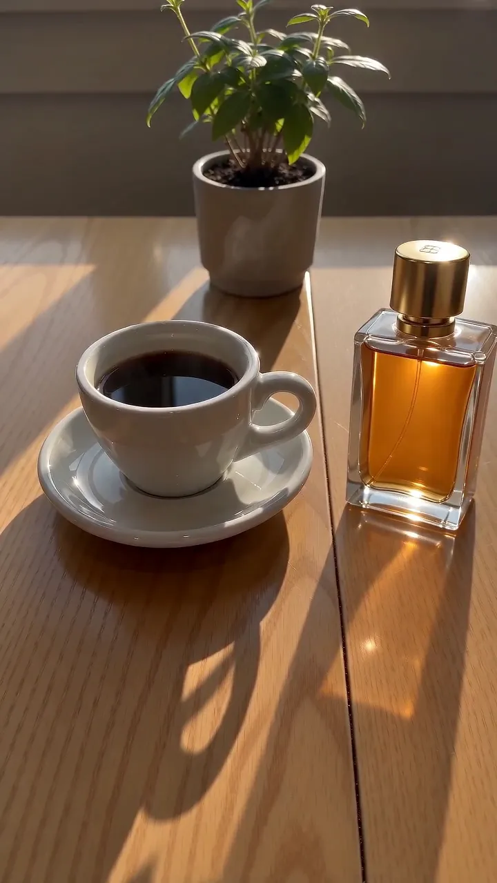Een parfumflesje toegevoegd aan een zonnig cafétafeltje met bijpassende schaduw en reflectie